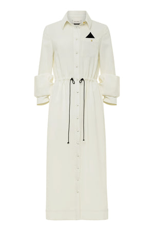 Cream crepe shirt dress with pleated sleeves and drawstring waist.