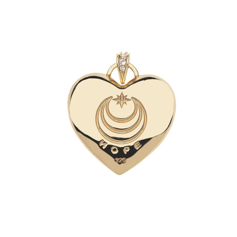 Back of gold heart charm with Jane Win logo and word 'Hope'.