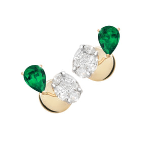 Diamond and emerald with yellow gold stud earrings.