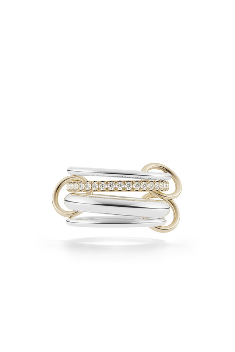 White gold rings and yellow gold ring with diamonds connected with yellow gold connectors.