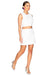 Model walking to the right in the frill shell top in white.