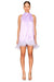 Model wearing the halter neck feather hem mini dress in lilac.