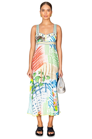Model styled in the tropic print linen midi dress.