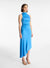 Model turned towards the right in the bright blue midi dress