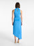 Model facing the back in the bright blue midi dress