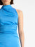 Close up of the bright blue midi dress on a model