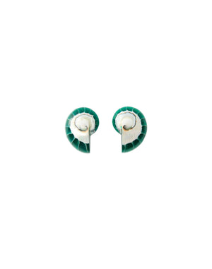 Pair of shell earrings with green and silver design on a white background