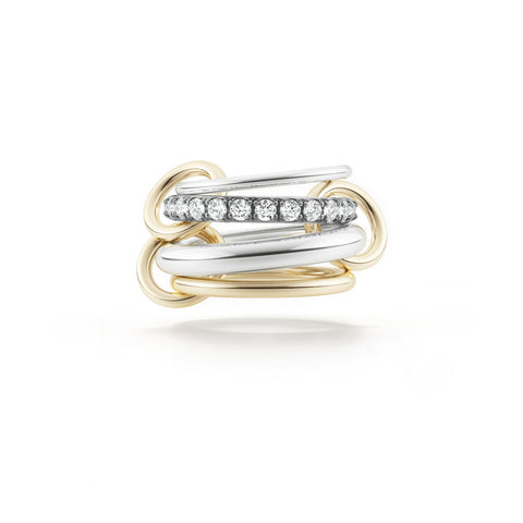 Ghost image of a Spinelli Kilcollin Janssen ring that features a 1.7mm sterling silver band, a 2.8mm sterling silver band pave with white diamonds and set in black rhodium plated prongs, a 3.8mm sterling silver band, and a 2.3mm 18k yellow gold band, connected by three 18k yellow gold connectors. 