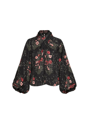 A black long-sleeve blouse with a red and pink floral print, featuring a high gathered neckline and voluminous balloon sleeves, shown against a plain white background.