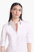 Close up of the white button up cotton poplin maxi dress on a model