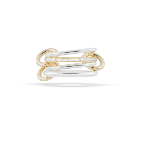 Ghost image of a Spinelli Kilcollin ring that features a slim sterling silver band, a central 18k yellow gold band with channel set white diamonds, another slim sterling silver band, and a thicker sterling silver band, all connected by three 18k yellow gold connector rings. 