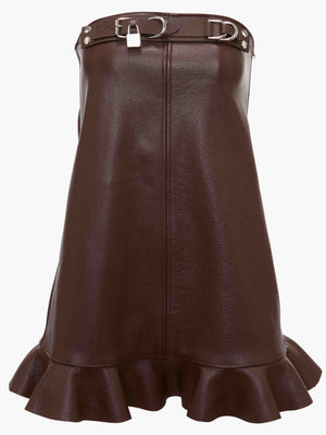 Ghost image of the padlock strap strapless ruffled bustier dress in chocolate brown leather.