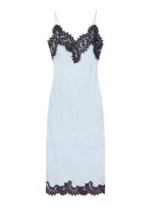 Light blue cami midi dress with black lace details.