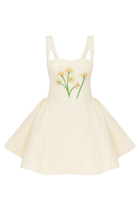 Cream-colored mini dress with floral embroidery on a white background