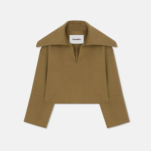 Ghost image of khaki green large collared maxe sweater.