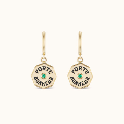 Wee Porte Bonheur Hoops with Emerald and Raised Gold