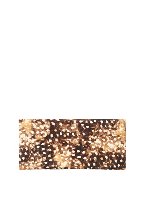 A rectangular clutch bag with an abstract organic pattern of black, brown, and beige spots, set against a plain white background.