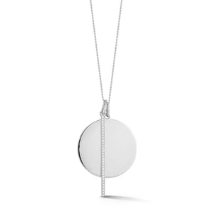 White gold necklace with white gold circle pendant and diamond bar charm 