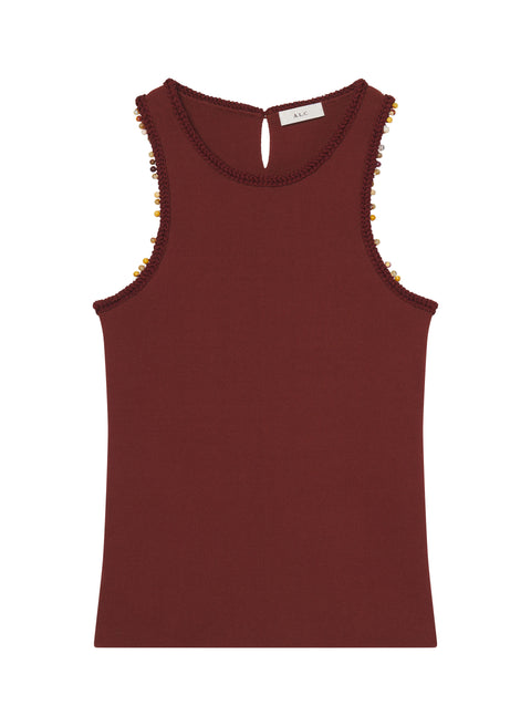 Rust colored tank top with decorative bead trim on a white background