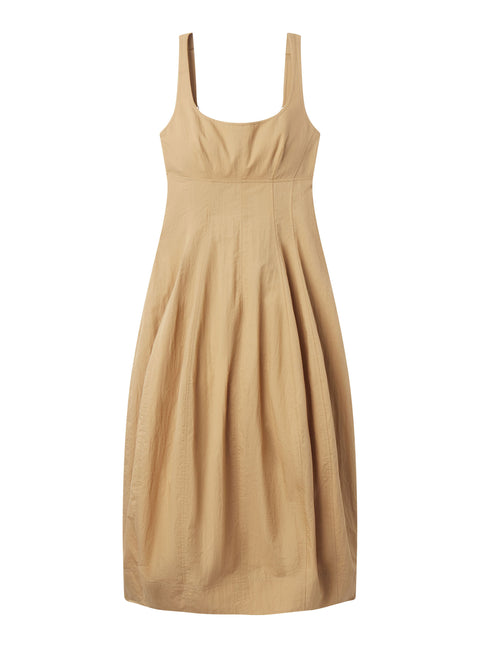 Flat lay of yellow maxi dress with rouched bottom