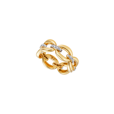 Yellow gold and diamond loop ring on a solid background