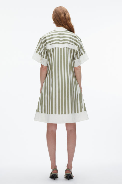 Back of woman wearing cotton poplin striped mini dress.