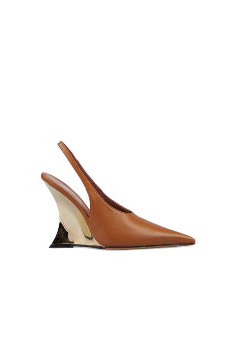 Brown leather slingback wedge heel shoe with gold heel.