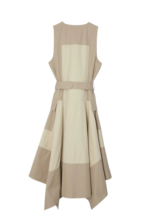 Back side of beige sleeveless dress with a belt on a white background
