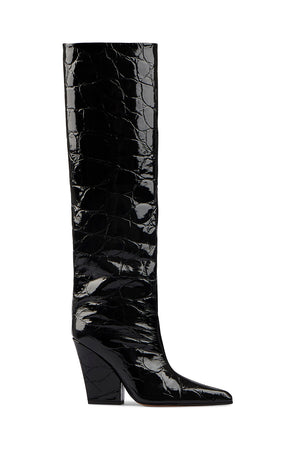 Black tall croc effect leather boot with pointed toe and western style heel.