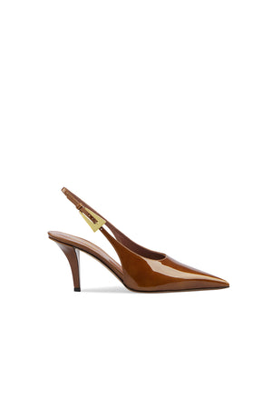 Glossy patent leather slingback heel in bronze brown. 