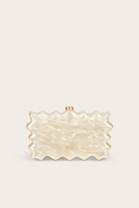 A wavy, rectangular clutch made of pearlized acrylic, featuring gold hard wear. 