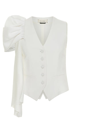 White vest with shoulder bustle in satin crepe.