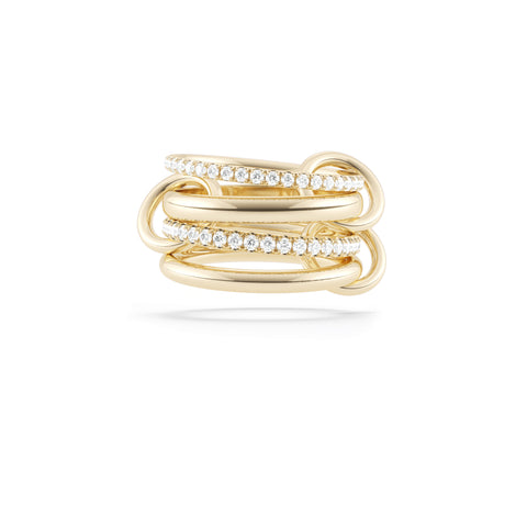 Ghost image of a Spinelli Kilcollin ring that features a thin 18k yellow gold ring with pave white diamonds, a thick 18k yellow gold band, another thing 18k yellow gold band with pave white diamonds, and another thick 18k yellow gold band, all connected with three 18k yellow gold connector rings. 