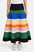 Close up of the multicolor stripe midi skirt on a model