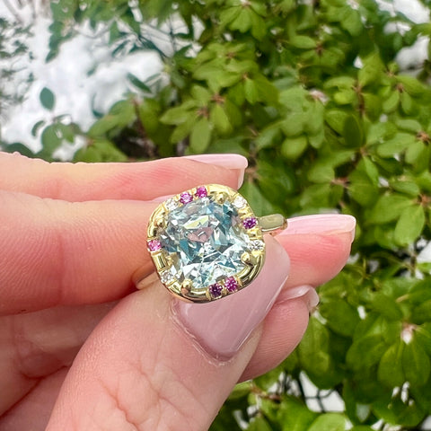 Cushion Aquamarine & Pink Sapphire Sprinkle Ring