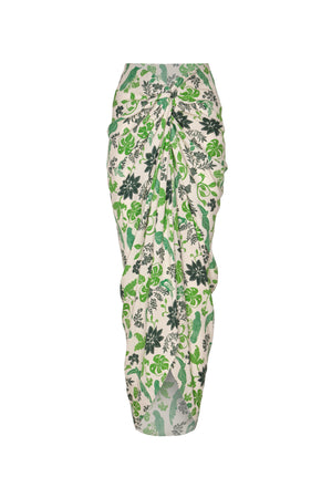 Ghost image of the front of the caracola pareo midi skirt in green print.