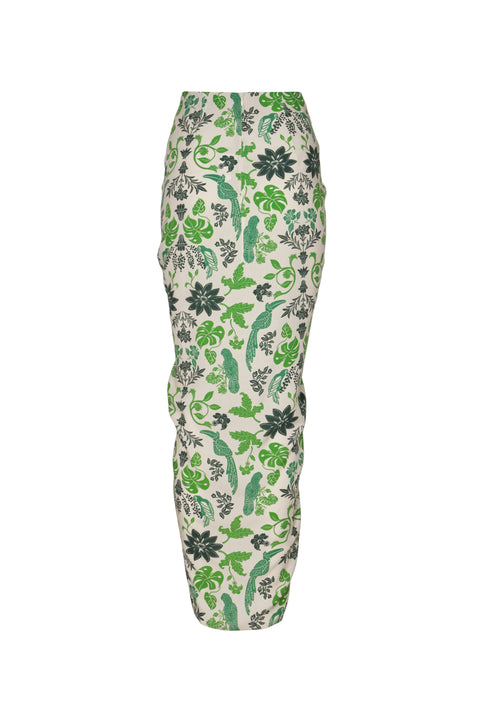 Ghost image of the back of the caracola pareo midi skirt in green print.