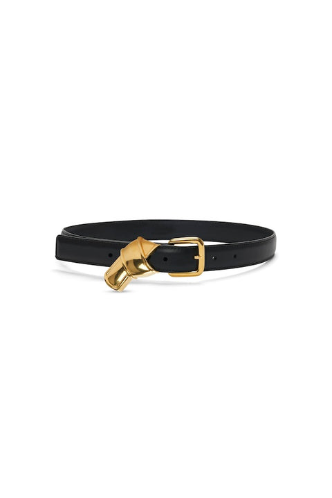 Black leather belt with gold knot belt loop.