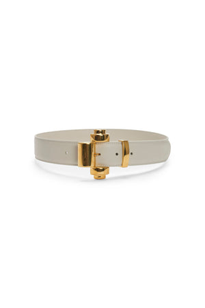 Cream leather belt with chunky gold bar buckle. 