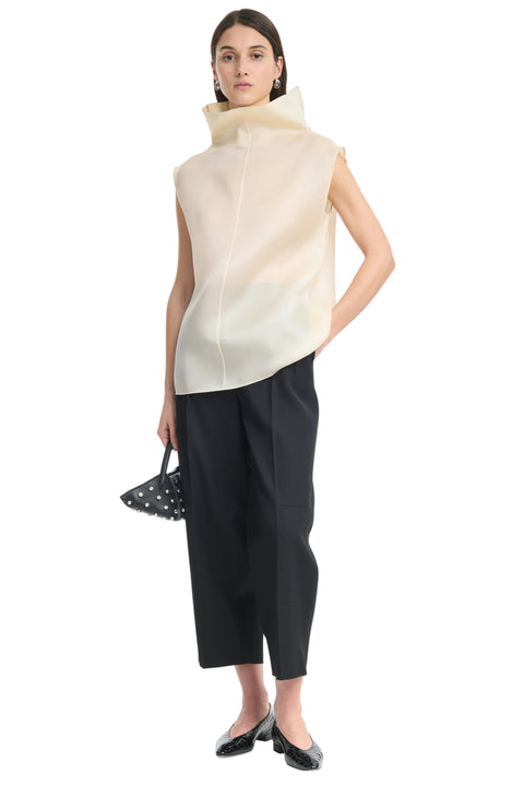 Woman wearing a translucent high-neck sleeveless cream top and black pants on a white background