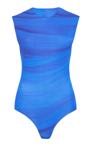 Ghost image of the front of the blue custom print bodysuit.