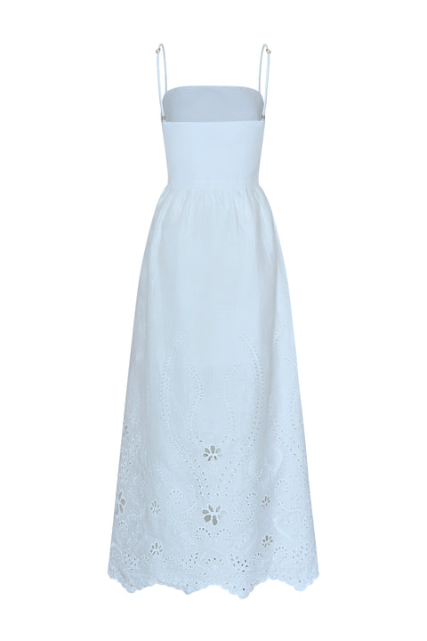 Back of light blue maxi dress with lace details on a white background