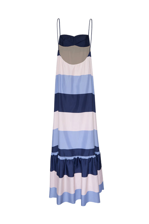 Back of blue and white striped maxi dress with a structured woven bust and a white background