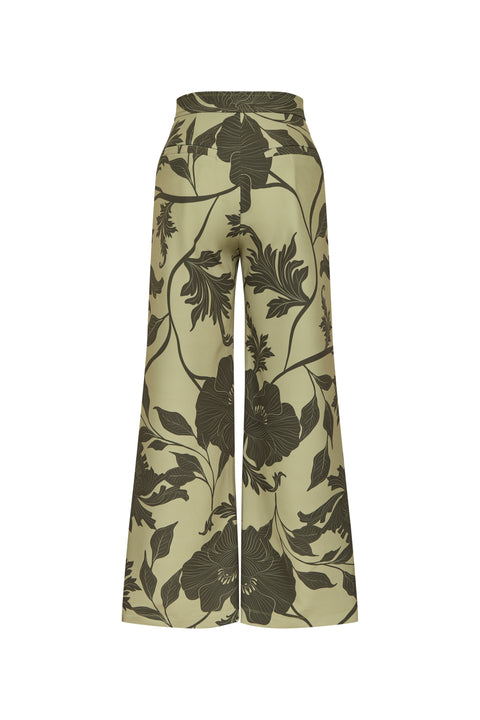 Flat lay of back of green floral wide leg pant on a white background