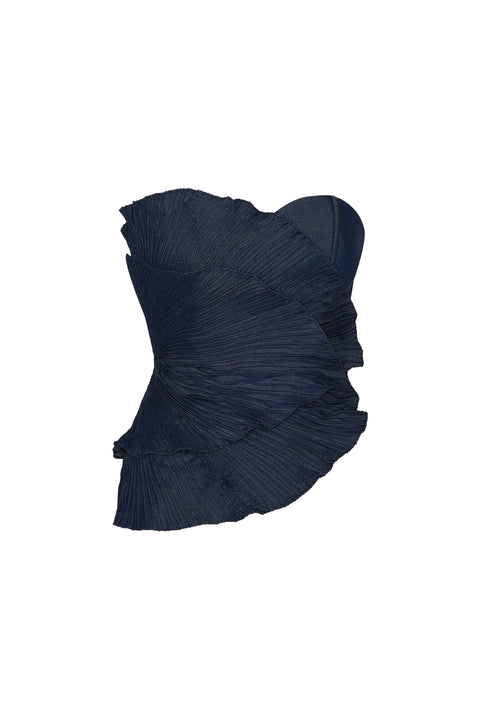 Navy blue strapless dynamic top with pleated panels on a white background