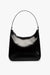 Front facing view of the black polished leather Alec shoulder bag on a white background