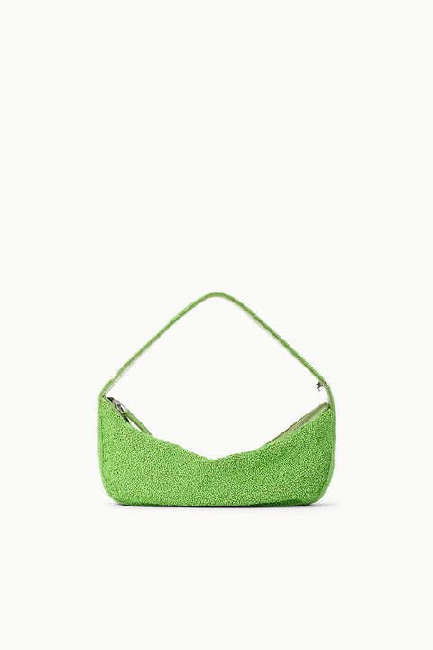 A green beaded slouchy shoulder bag with a zipper closure. 