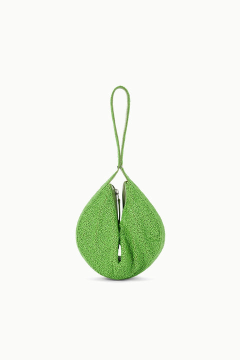 A green beaded shoulder bag with the straps fastened together to create a unique drop shape handbag. 