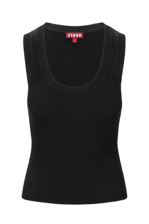 A black, knit, scoop-neck tank top. 