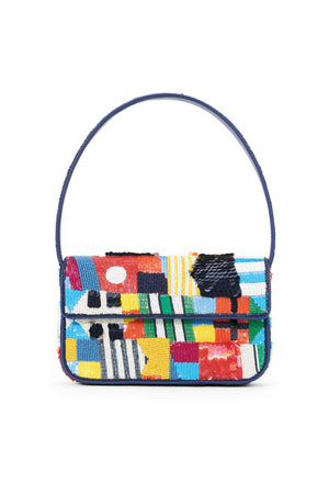 Beaded multicolored hand bag with flap.